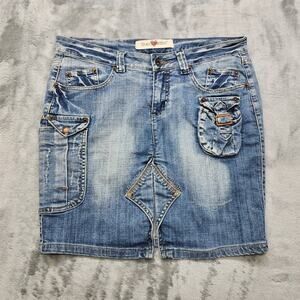 Vintage Y2K Blue Collection Skirt Womens 33 Blue Denim Cargo‎ Front Slit Mini